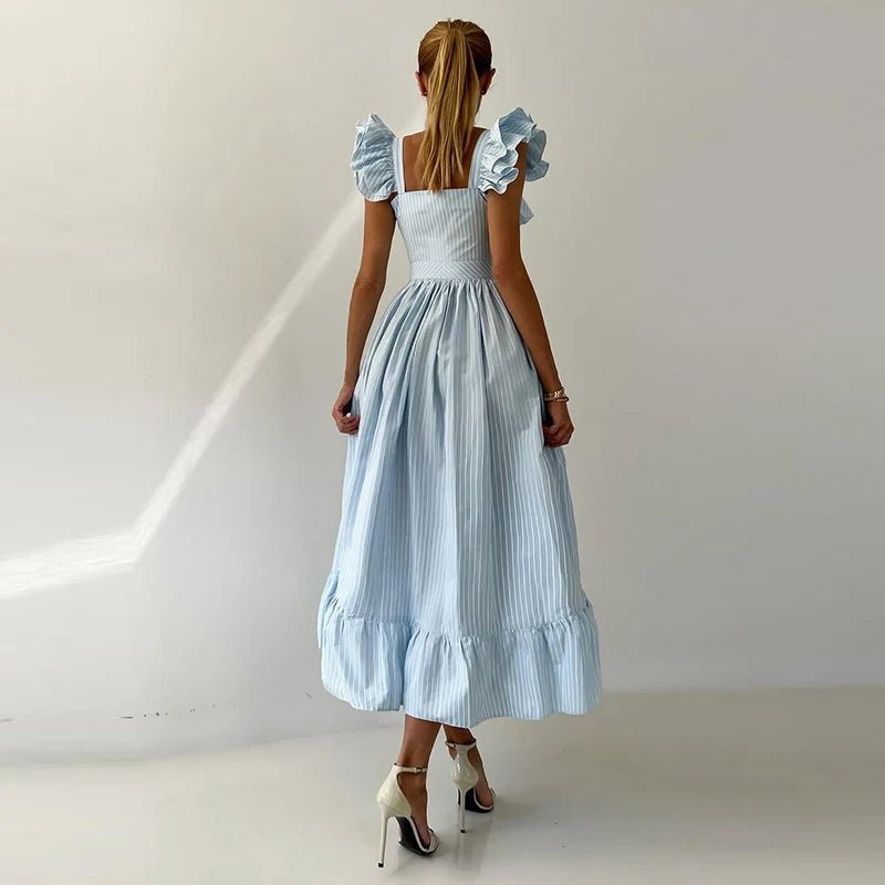 Elegant Long Dress Square - Neck With Ruffle Sleeves - American Thistle Elegant Long Dress Square - Neck With Ruffle Sleeves