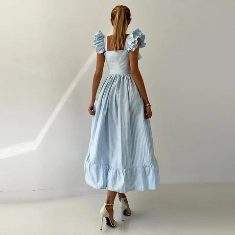 Elegant Long Dress Square - Neck With Ruffle Sleeves - American Thistle Elegant Long Dress Square - Neck With Ruffle Sleeves
