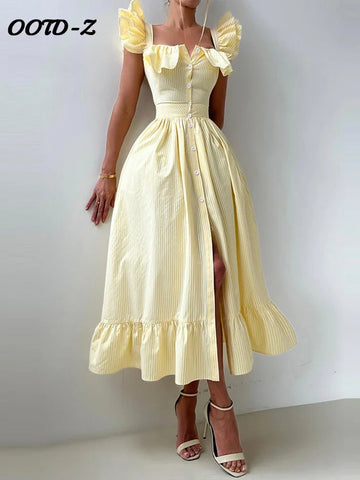 Elegant Long Dress Square - Neck With Ruffle Sleeves - American Thistle Elegant Long Dress Square - Neck With Ruffle Sleeves