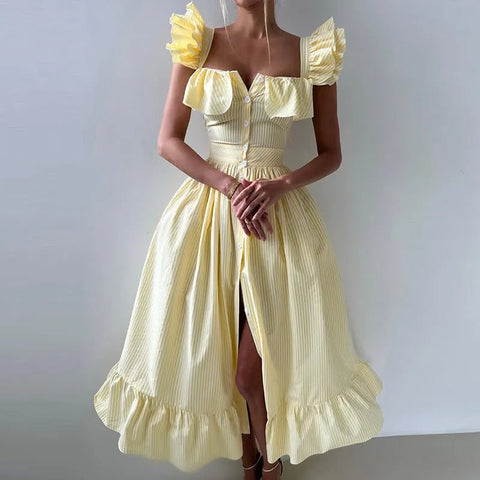 Elegant Long Dress Square - Neck With Ruffle Sleeves - American Thistle Elegant Long Dress Square - Neck With Ruffle Sleeves