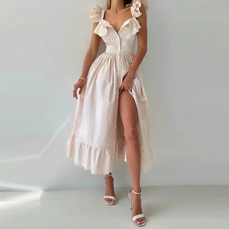Elegant Long Dress Square - Neck With Ruffle Sleeves - American Thistle Elegant Long Dress Square - Neck With Ruffle Sleeves
