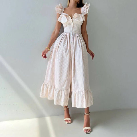 Elegant Long Dress Square - Neck With Ruffle Sleeves - American Thistle Elegant Long Dress Square - Neck With Ruffle Sleeves
