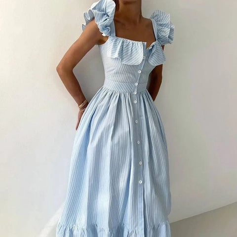 Elegant Long Dress Square - Neck With Ruffle Sleeves - American Thistle Elegant Long Dress Square - Neck With Ruffle Sleeves