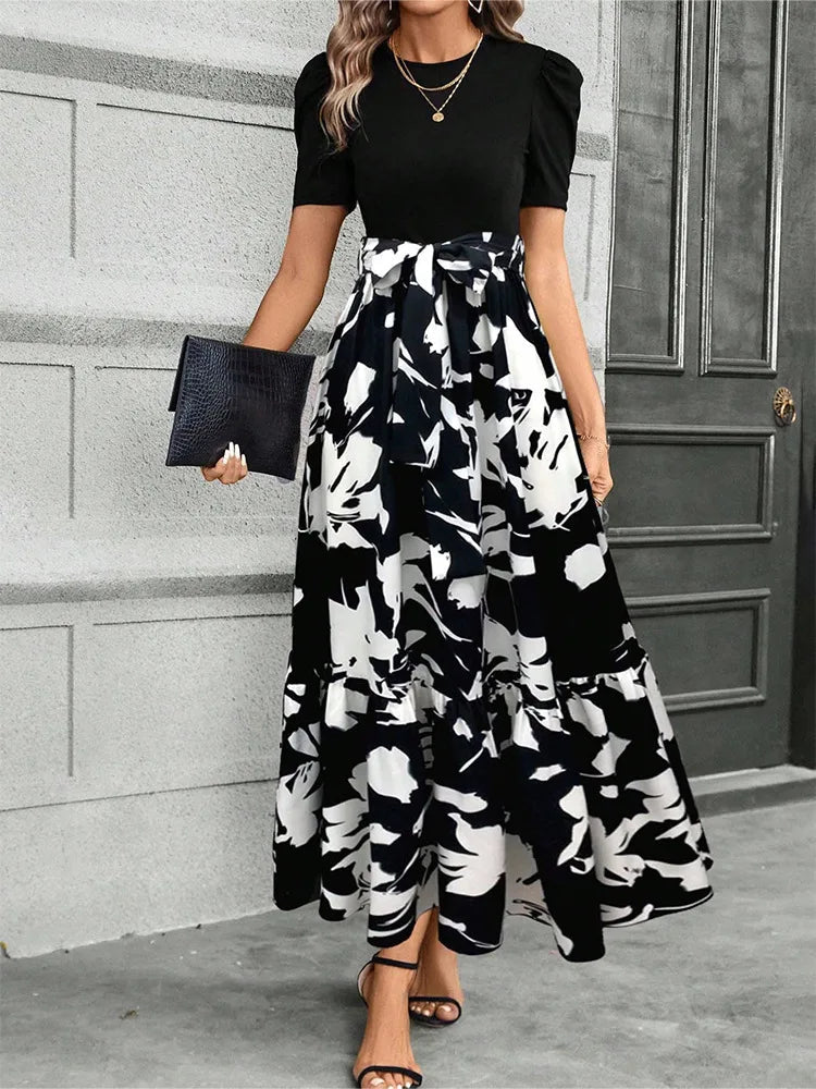 Elegant Long Dresses Women Short Sleeve High Waist Dresses with Pattern - American Thistle Elegant Long Dresses Women Short Sleeve High Waist Dresses with Pattern