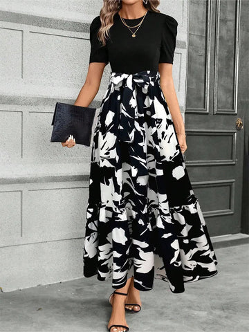 Elegant Long Dresses Women Short Sleeve High Waist Dresses with Pattern - American Thistle Elegant Long Dresses Women Short Sleeve High Waist Dresses with Pattern