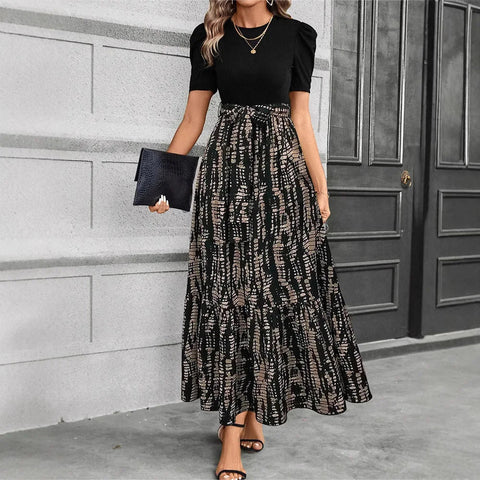 Elegant Long Dresses Women Short Sleeve High Waist Dresses with Pattern - American Thistle Elegant Long Dresses Women Short Sleeve High Waist Dresses with Pattern