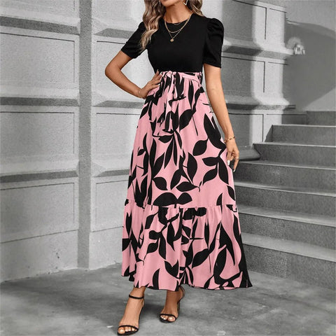 Elegant Long Dresses Women Short Sleeve High Waist Dresses with Pattern - American Thistle Elegant Long Dresses Women Short Sleeve High Waist Dresses with Pattern