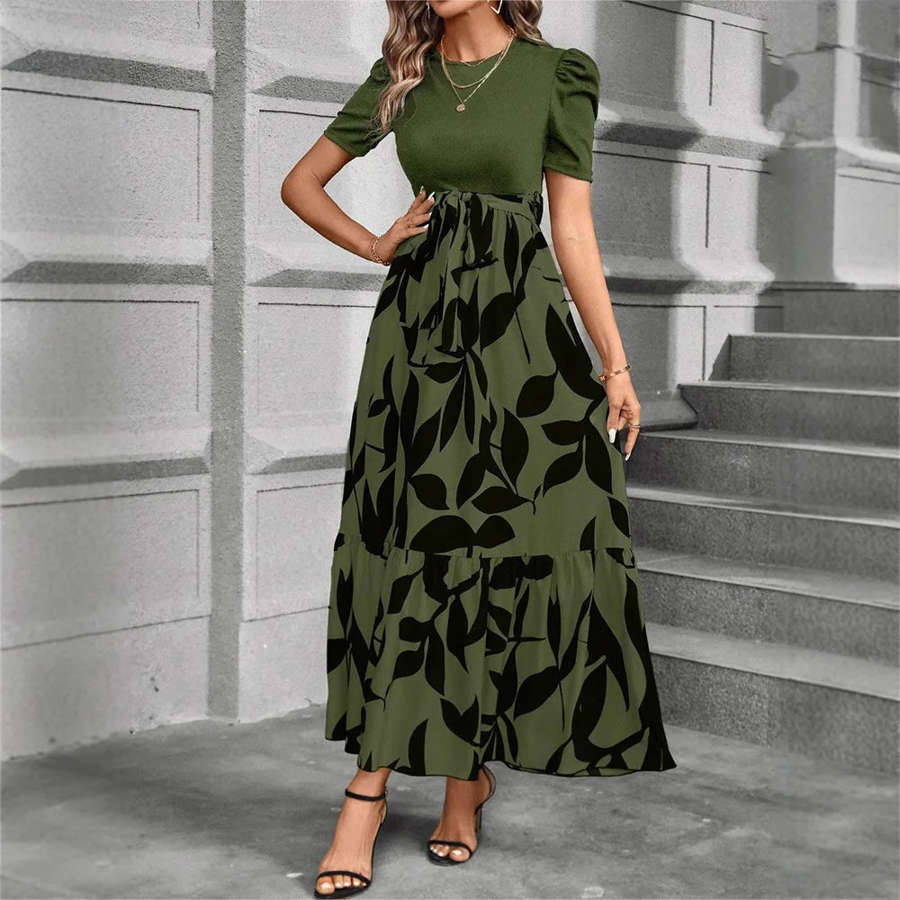 Elegant Long Dresses Women Short Sleeve High Waist Dresses with Pattern - American Thistle Elegant Long Dresses Women Short Sleeve High Waist Dresses with Pattern