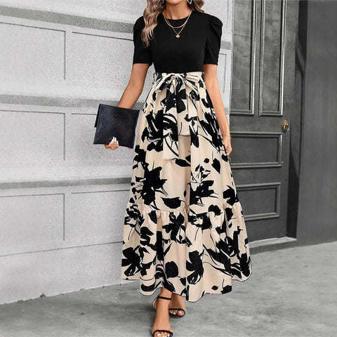 Elegant Long Dresses Women Short Sleeve High Waist Dresses with Pattern - American Thistle Elegant Long Dresses Women Short Sleeve High Waist Dresses with Pattern
