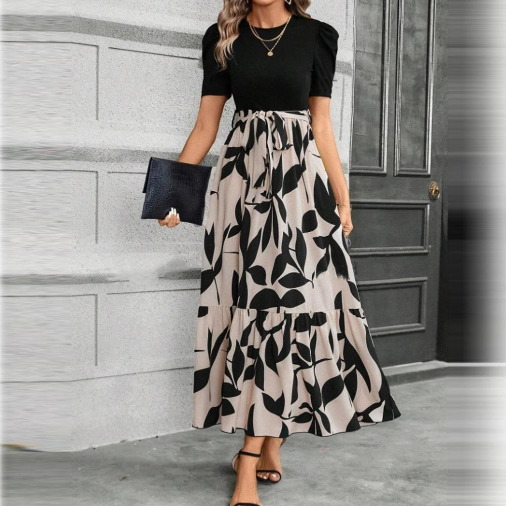 Elegant Long Dresses Women Short Sleeve High Waist Dresses with Pattern - American Thistle Elegant Long Dresses Women Short Sleeve High Waist Dresses with Pattern