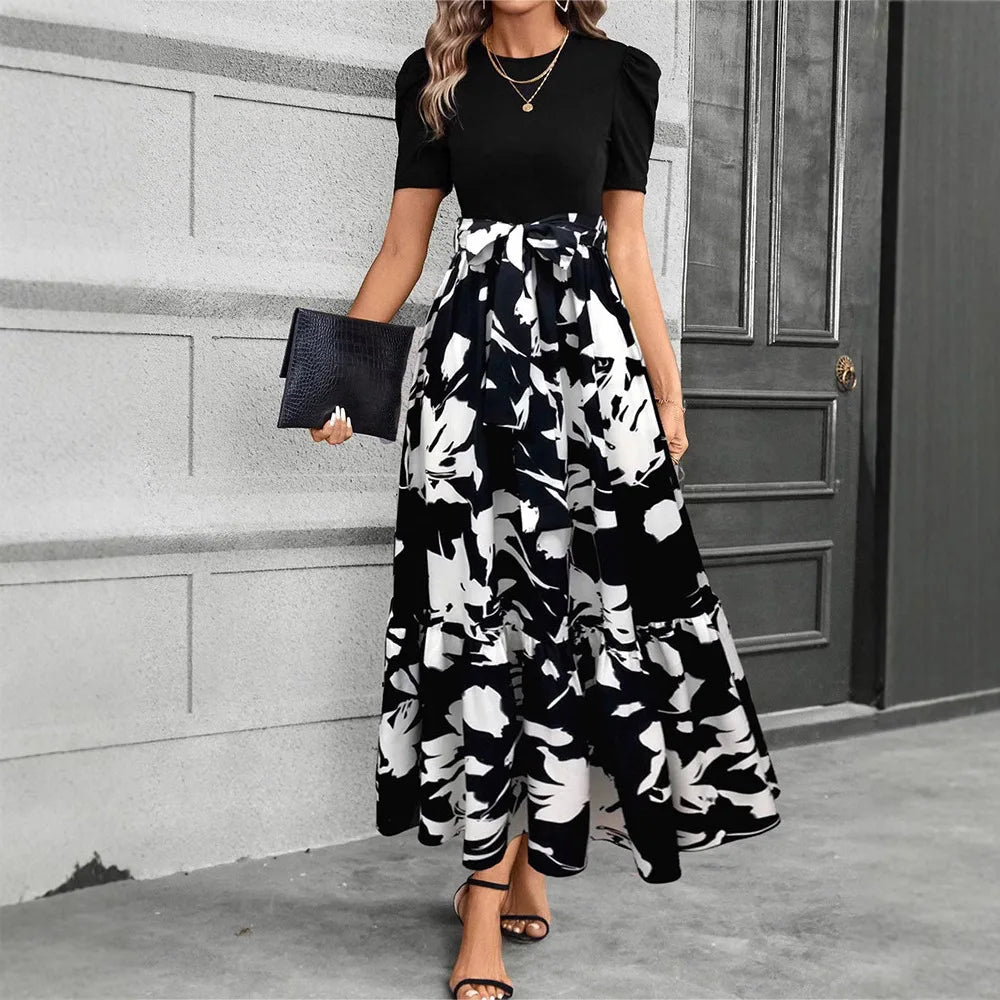 Elegant Long Dresses Women Short Sleeve High Waist Dresses with Pattern - American Thistle Elegant Long Dresses Women Short Sleeve High Waist Dresses with Pattern