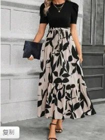 Elegant Long Dresses Women Short Sleeve High Waist Dresses with Pattern - American Thistle Elegant Long Dresses Women Short Sleeve High Waist Dresses with Pattern
