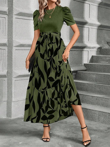 Elegant Long Dresses Women Short Sleeve High Waist Dresses with Pattern - American Thistle Elegant Long Dresses Women Short Sleeve High Waist Dresses with Pattern
