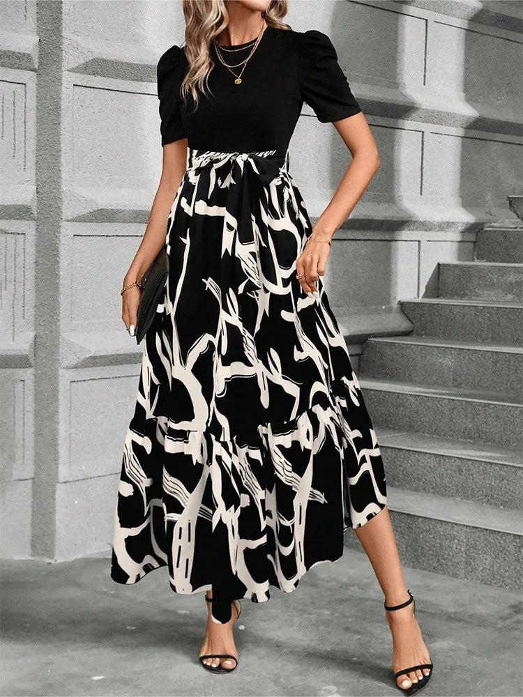 Elegant Long Dresses Women Short Sleeve High Waist Dresses with Pattern - American Thistle Elegant Long Dresses Women Short Sleeve High Waist Dresses with Pattern
