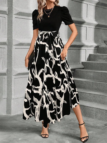 Elegant Long Dresses Women Short Sleeve High Waist Dresses with Pattern - American Thistle Elegant Long Dresses Women Short Sleeve High Waist Dresses with Pattern