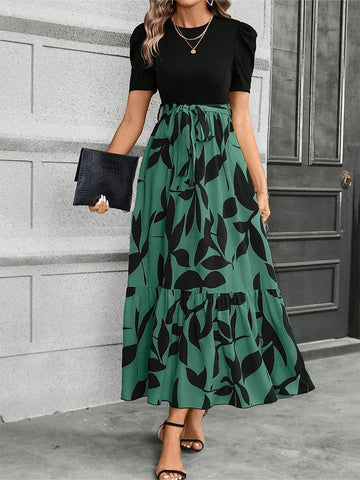 Elegant Long Dresses Women Short Sleeve High Waist Dresses with Pattern - American Thistle Elegant Long Dresses Women Short Sleeve High Waist Dresses with Pattern