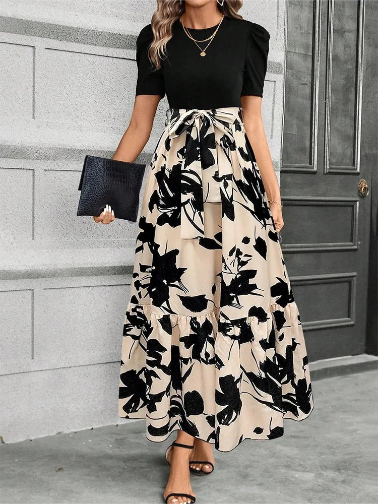 Elegant Long Dresses Women Short Sleeve High Waist Dresses with Pattern - American Thistle Elegant Long Dresses Women Short Sleeve High Waist Dresses with Pattern