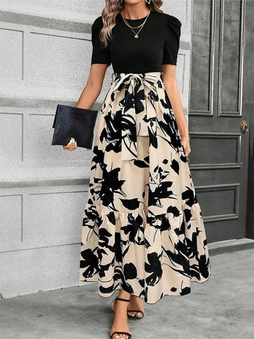 Elegant Long Dresses Women Short Sleeve High Waist Dresses with Pattern - American Thistle Elegant Long Dresses Women Short Sleeve High Waist Dresses with Pattern