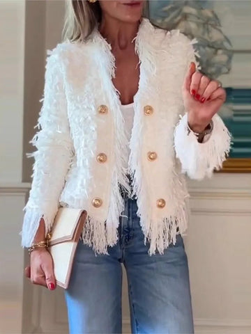 Elegant Long - sleeved V - neck Cardigan Jacket For Women Fashion Spring Autumn Solid Color Button Niche Tassel Design Coat Female - American Thistle Elegant Long - sleeved V - neck Cardigan Jacket For Women Fashion Spring Autumn Solid Color Button Niche Tassel Design Coat Female