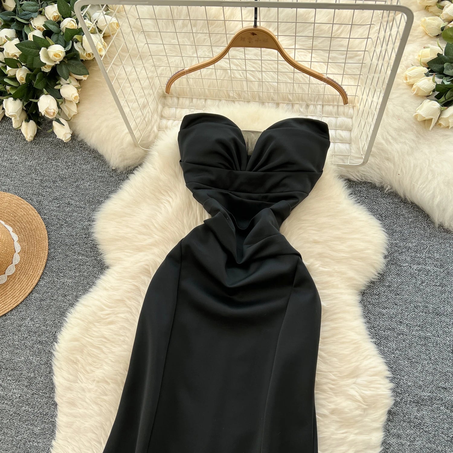 Elegant Satin Fishtail Dress Strapless Sleeveless - American Thistle Elegant Satin Fishtail Dress Strapless Sleeveless