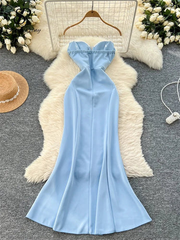 Elegant Satin Fishtail Dress Strapless Sleeveless - American Thistle Elegant Satin Fishtail Dress Strapless Sleeveless