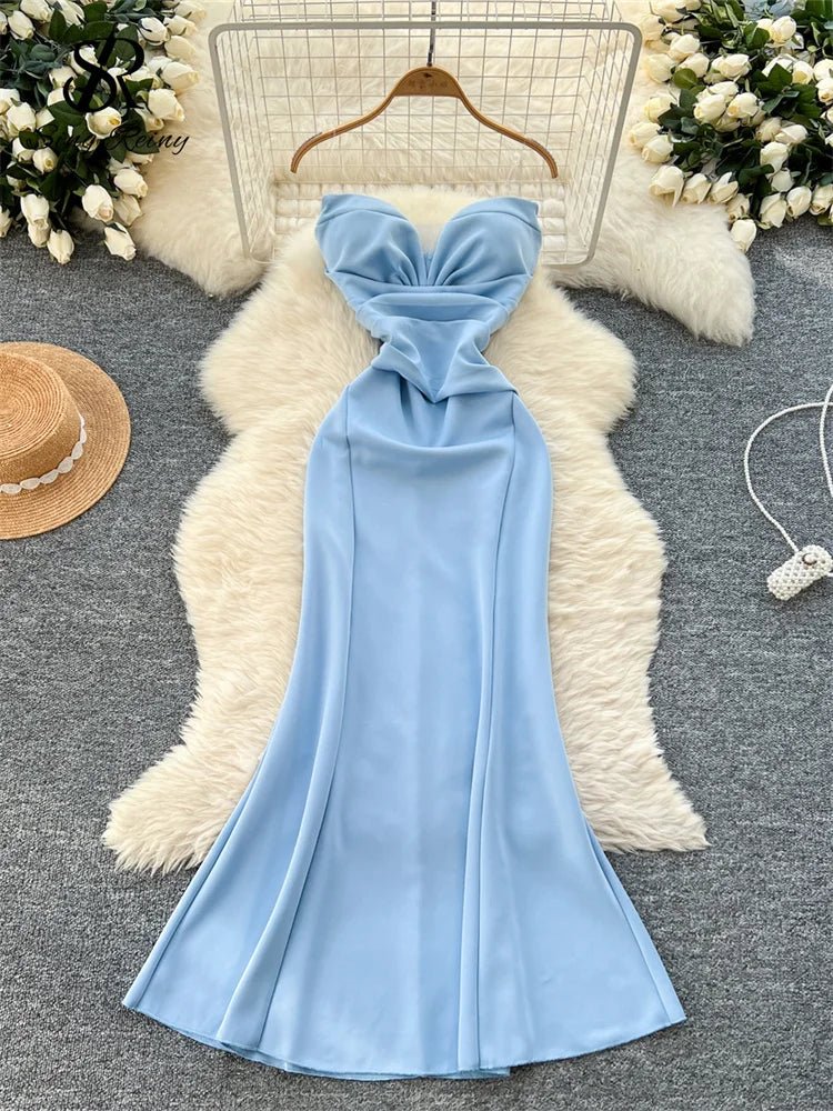 Elegant Satin Fishtail Dress Strapless Sleeveless - American Thistle Elegant Satin Fishtail Dress Strapless Sleeveless