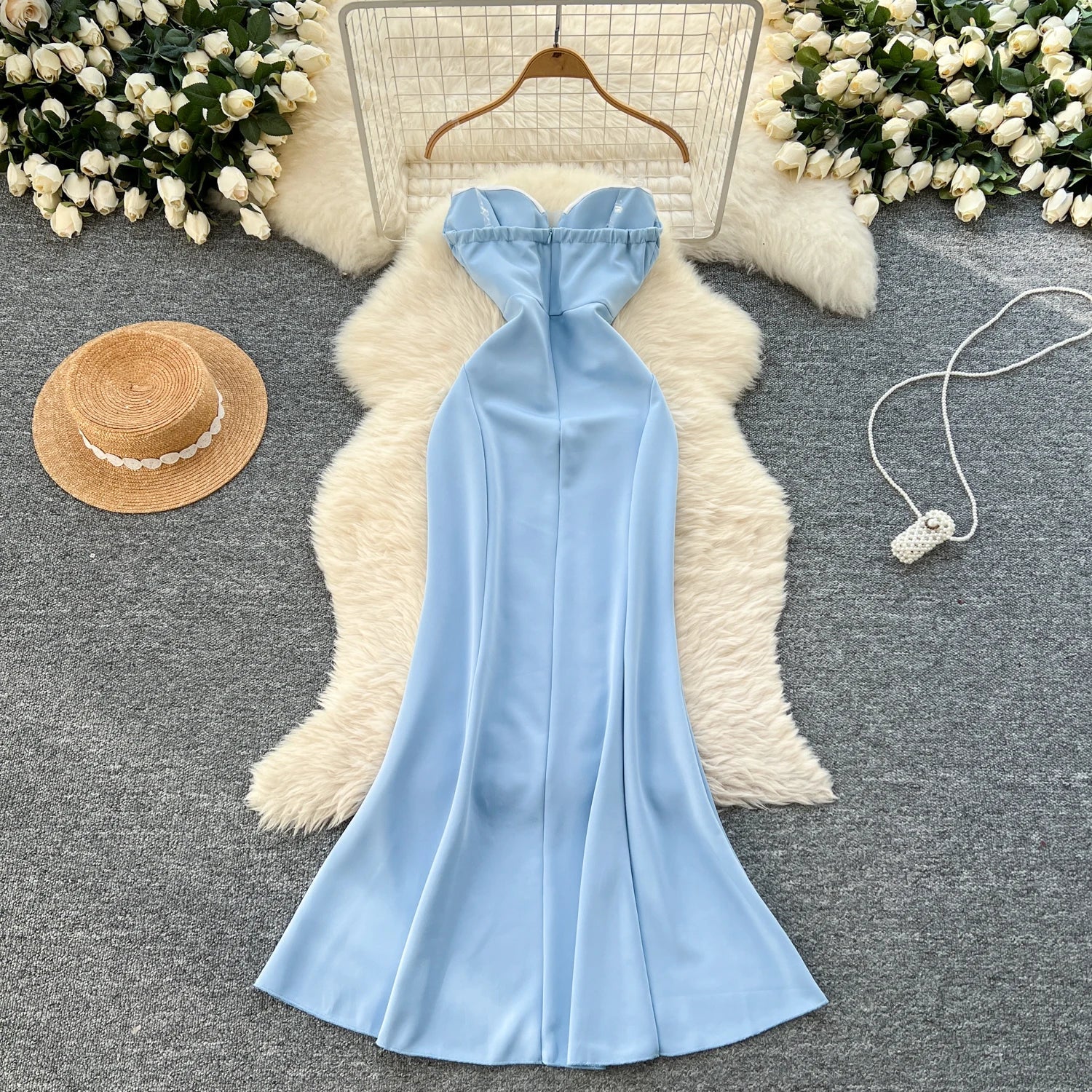 Elegant Satin Fishtail Dress Strapless Sleeveless - American Thistle Elegant Satin Fishtail Dress Strapless Sleeveless