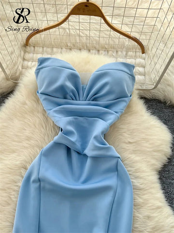 Elegant Satin Fishtail Dress Strapless Sleeveless - American Thistle Elegant Satin Fishtail Dress Strapless Sleeveless