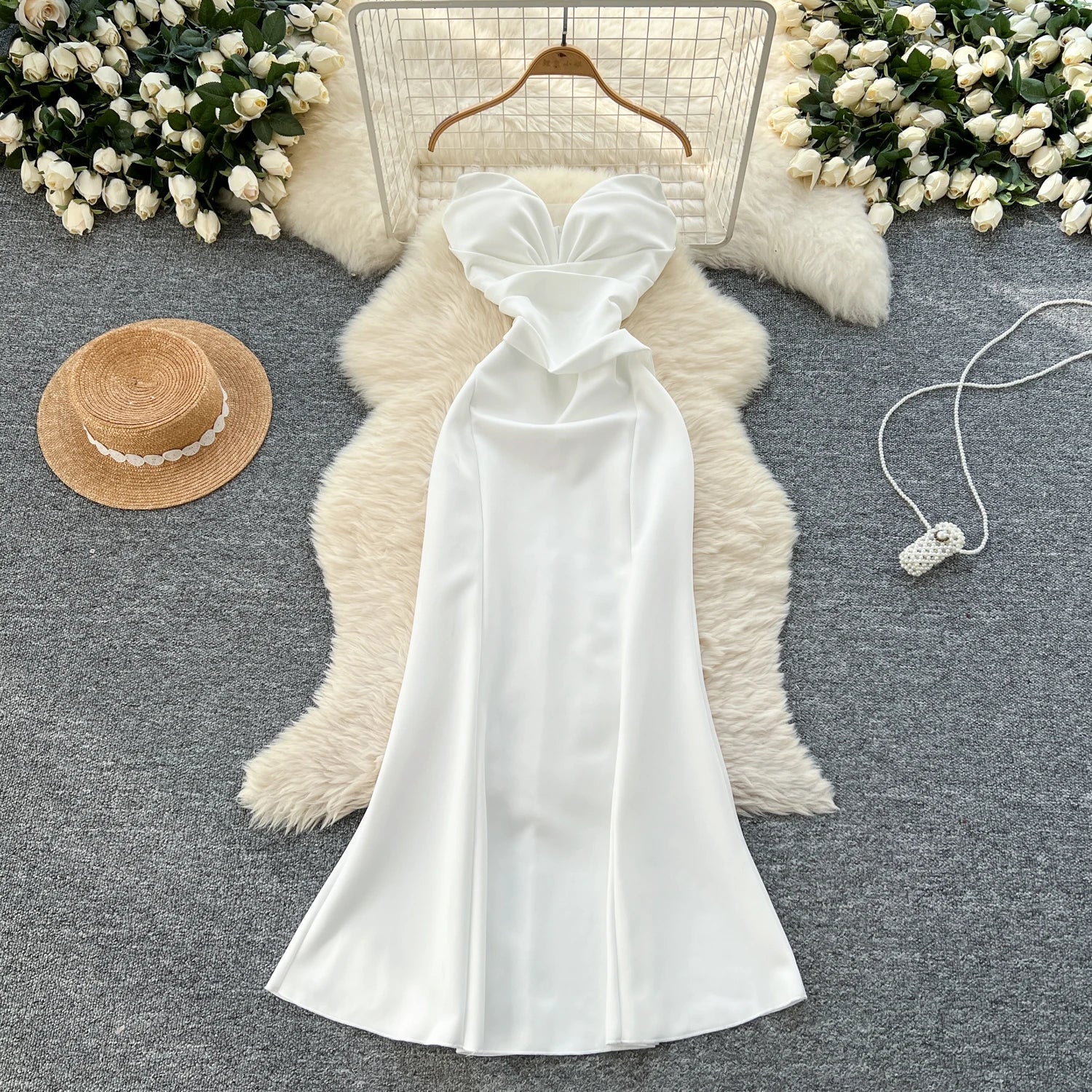 Elegant Satin Fishtail Dress Strapless Sleeveless - American Thistle Elegant Satin Fishtail Dress Strapless Sleeveless