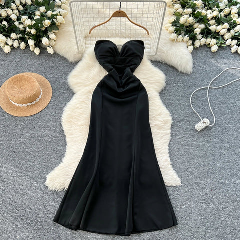 Elegant Satin Fishtail Dress Strapless Sleeveless - American Thistle Elegant Satin Fishtail Dress Strapless Sleeveless