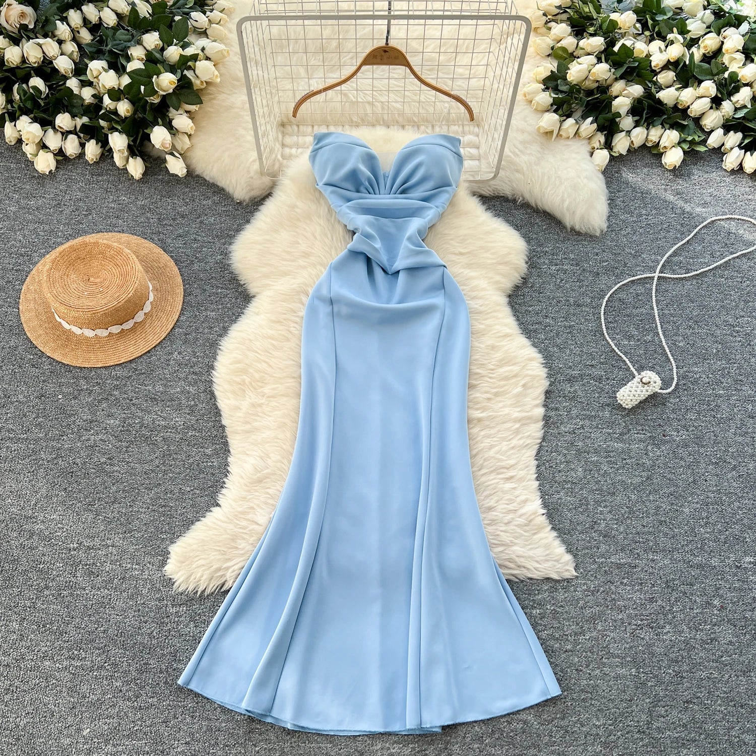 Elegant Satin Fishtail Dress Strapless Sleeveless - American Thistle Elegant Satin Fishtail Dress Strapless Sleeveless