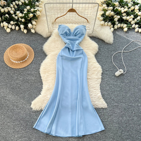 Elegant Satin Fishtail Dress Strapless Sleeveless - American Thistle Elegant Satin Fishtail Dress Strapless Sleeveless