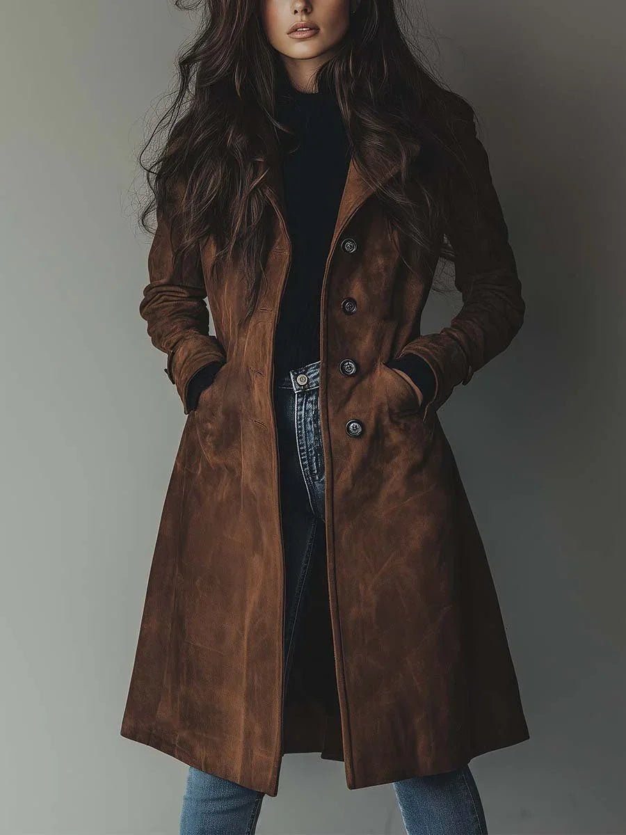 Elegant Suede Long Trench Coat Brown Windbreaker Woman - American Thistle Elegant Suede Long Trench Coat Brown Windbreaker Woman