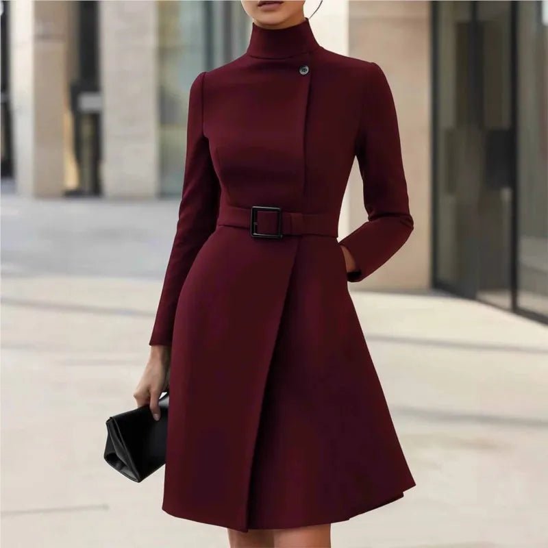 Elegant Turtle Neck Long Sleeved Button A - line Dress With Pockets and tie Belt Winter Pockets Mid Length - American Thistle Elegant Turtle Neck Long Sleeved Button A - line Dress With Pockets and tie Belt Winter Pockets Mid Length
