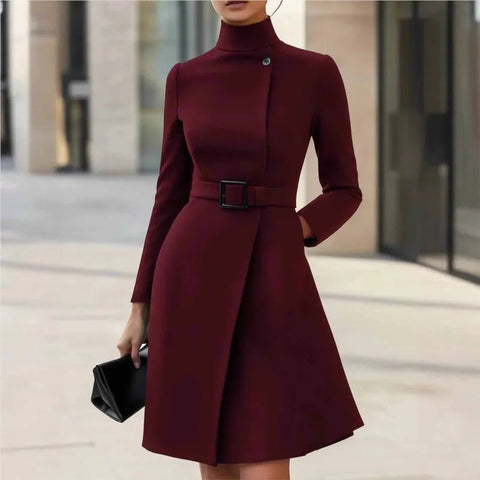 Elegant Turtle Neck Long Sleeved Button A - line Dress With Pockets and tie Belt Winter Pockets Mid Length - American Thistle Elegant Turtle Neck Long Sleeved Button A - line Dress With Pockets and tie Belt Winter Pockets Mid Length