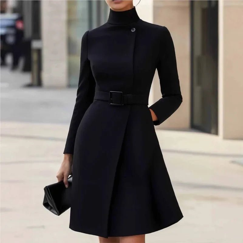 Elegant Turtle Neck Long Sleeved Button A - line Dress With Pockets and tie Belt Winter Pockets Mid Length - American Thistle Elegant Turtle Neck Long Sleeved Button A - line Dress With Pockets and tie Belt Winter Pockets Mid Length