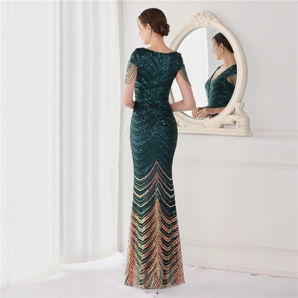 Elegant V - Neck beaded Long Mermaid Evening Dress Long - American Thistle Elegant V - Neck beaded Long Mermaid Evening Dress Long