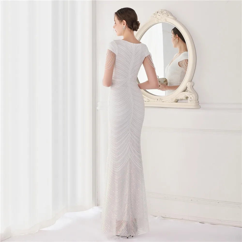 Elegant V - Neck beaded Long Mermaid Evening Dress Long - American Thistle Elegant V - Neck beaded Long Mermaid Evening Dress Long