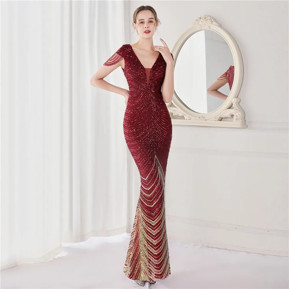 Elegant V - Neck beaded Long Mermaid Evening Dress Long - American Thistle Elegant V - Neck beaded Long Mermaid Evening Dress Long