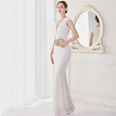Elegant V - Neck beaded Long Mermaid Evening Dress Long - American Thistle Elegant V - Neck beaded Long Mermaid Evening Dress Long