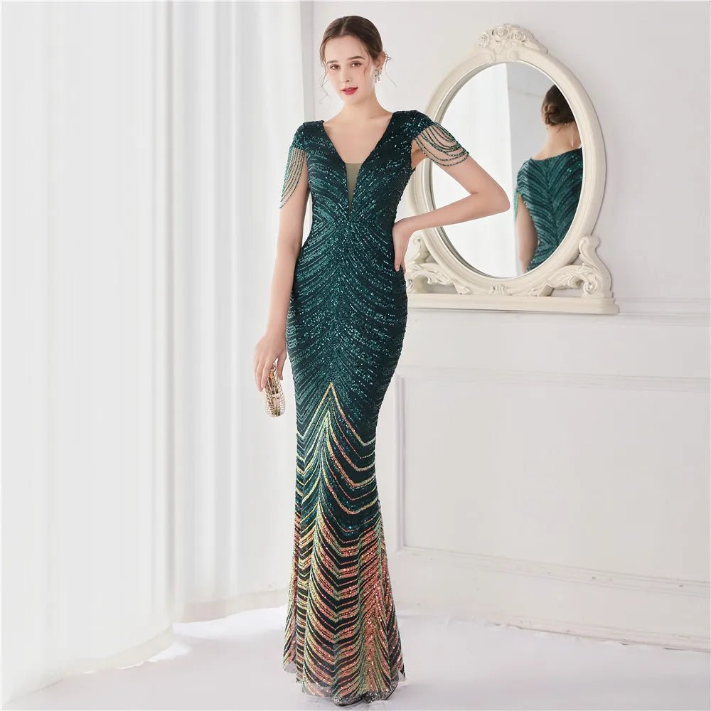 Elegant V - Neck beaded Long Mermaid Evening Dress Long - American Thistle Elegant V - Neck beaded Long Mermaid Evening Dress Long