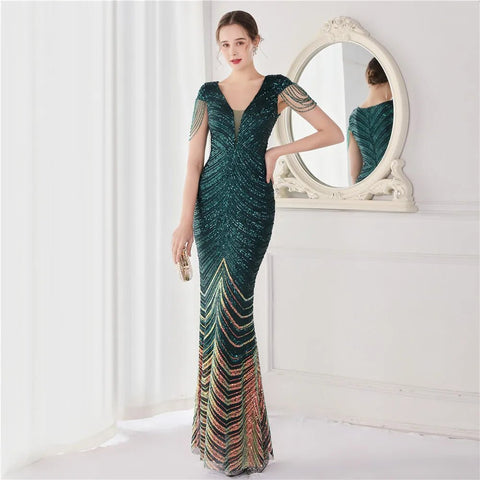Elegant V - Neck beaded Long Mermaid Evening Dress Long - American Thistle Elegant V - Neck beaded Long Mermaid Evening Dress Long