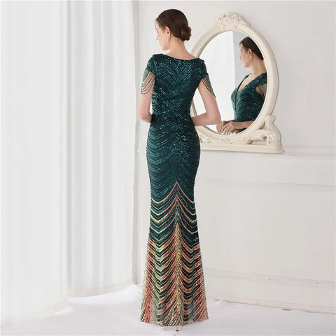 Elegant V - Neck beaded Long Mermaid Evening Dress Long - American Thistle Elegant V - Neck beaded Long Mermaid Evening Dress Long
