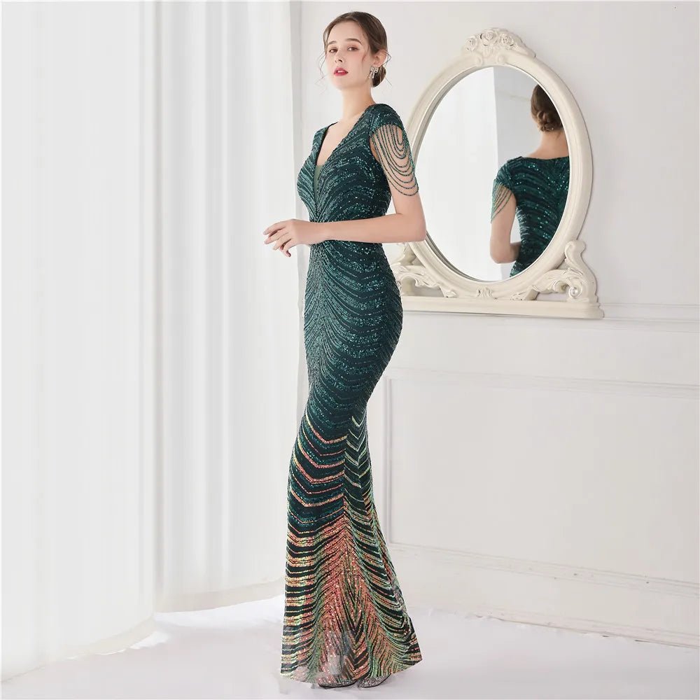 Elegant V - Neck beaded Long Mermaid Evening Dress Long - American Thistle Elegant V - Neck beaded Long Mermaid Evening Dress Long