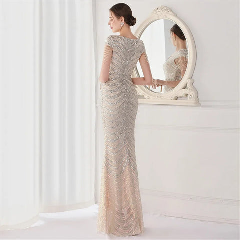 Elegant V - Neck beaded Long Mermaid Evening Dress Long - American Thistle Elegant V - Neck beaded Long Mermaid Evening Dress Long