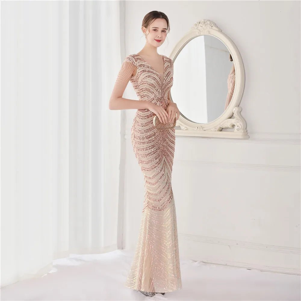 Elegant V - Neck beaded Long Mermaid Evening Dress Long - American Thistle Elegant V - Neck beaded Long Mermaid Evening Dress Long