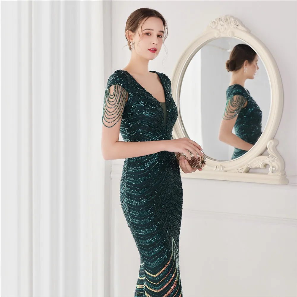 Elegant V - Neck beaded Long Mermaid Evening Dress Long - American Thistle Elegant V - Neck beaded Long Mermaid Evening Dress Long