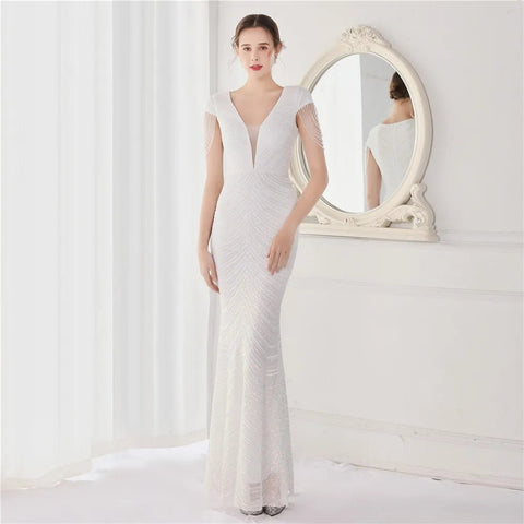 Elegant V - Neck beaded Long Mermaid Evening Dress Long - American Thistle Elegant V - Neck beaded Long Mermaid Evening Dress Long
