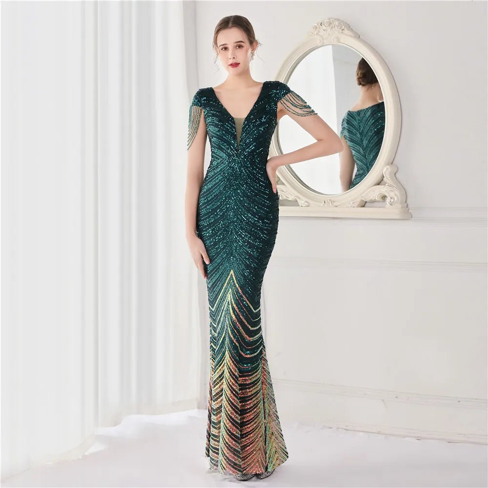 Elegant V - Neck beaded Long Mermaid Evening Dress Long - American Thistle Elegant V - Neck beaded Long Mermaid Evening Dress Long