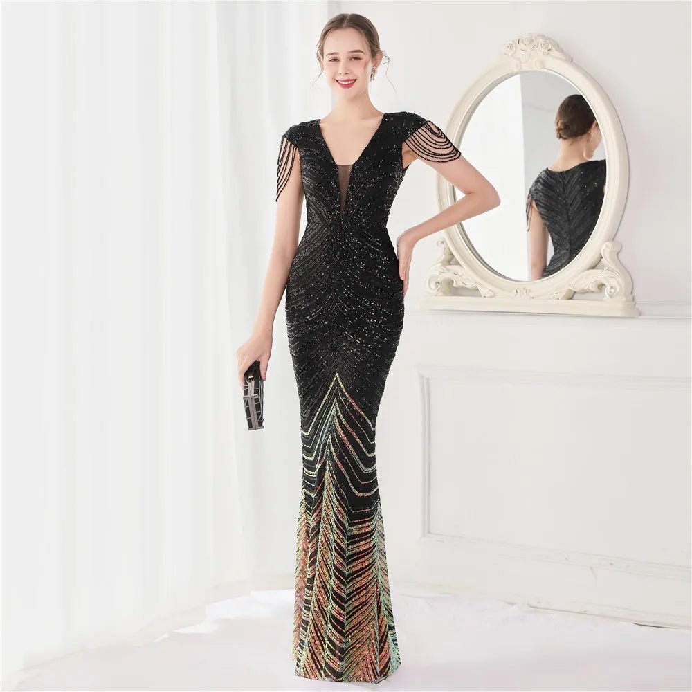 Elegant V - Neck beaded Long Mermaid Evening Dress Long - American Thistle Elegant V - Neck beaded Long Mermaid Evening Dress Long
